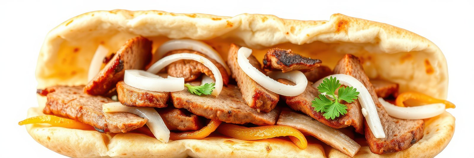 Delicious grilled meat in a warm flatbread with onions and cilantro served at a street food stall during a sunny day
